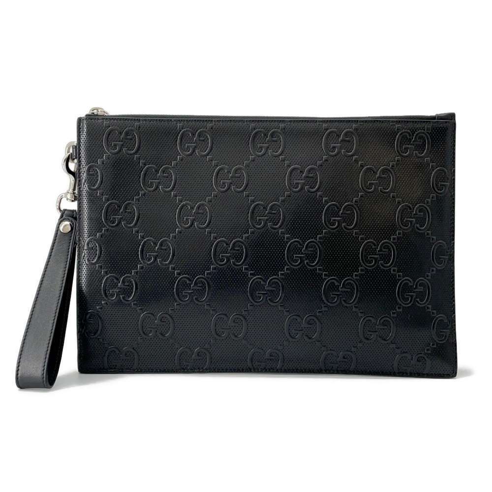 Gucci Clutch Bag GG Embossed Leather Shoulder Black